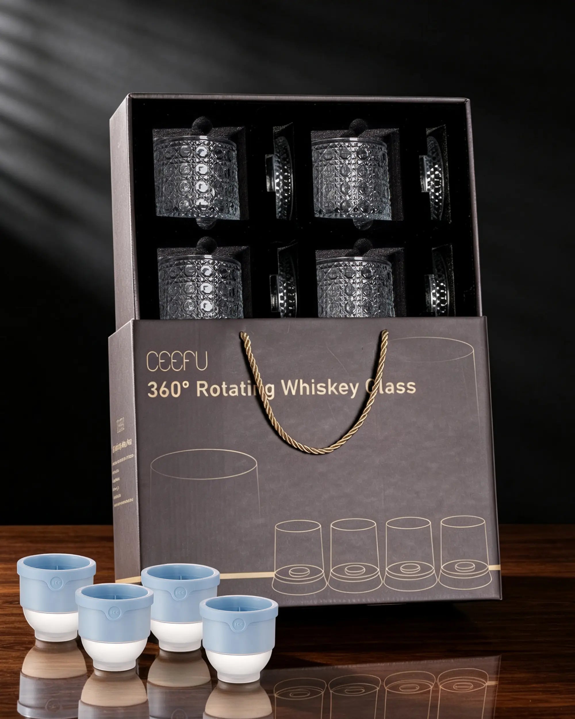 4-Pack Rotating Crystal Whiskey Glasses with4 Ice Ball Molds & Gift Box, Stress Relief,Spinning Drinking Glass Tumbler Set for ColdBeverages, Whiskey lovers, Parties and HomeBar, Perfect for Halloween, Thanksgiving,Christmas, Birthdays Occasion