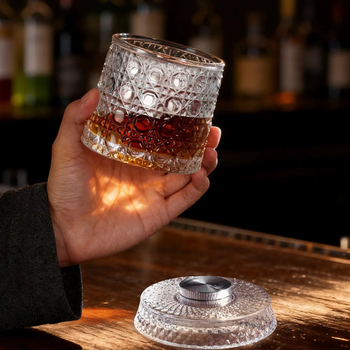 4-Pack Rotating Crystal Whiskey Glasses with4 Ice Ball Molds & Gift Box, Stress Relief,Spinning Drinking Glass Tumbler Set for ColdBeverages, Whiskey lovers, Parties and HomeBar, Perfect for Halloween, Thanksgiving,Christmas, Birthdays Occasion
