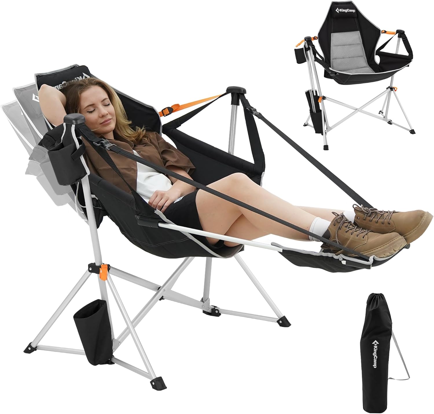 Hammock Camping Chair with Footrest & 90–130° Backrest Black/Grey | Swinging Camping Chairs for Adults 180 kg Capacity Stable 6-Point Frame Cup Holder & Pillow for Beach, Garden & Patio