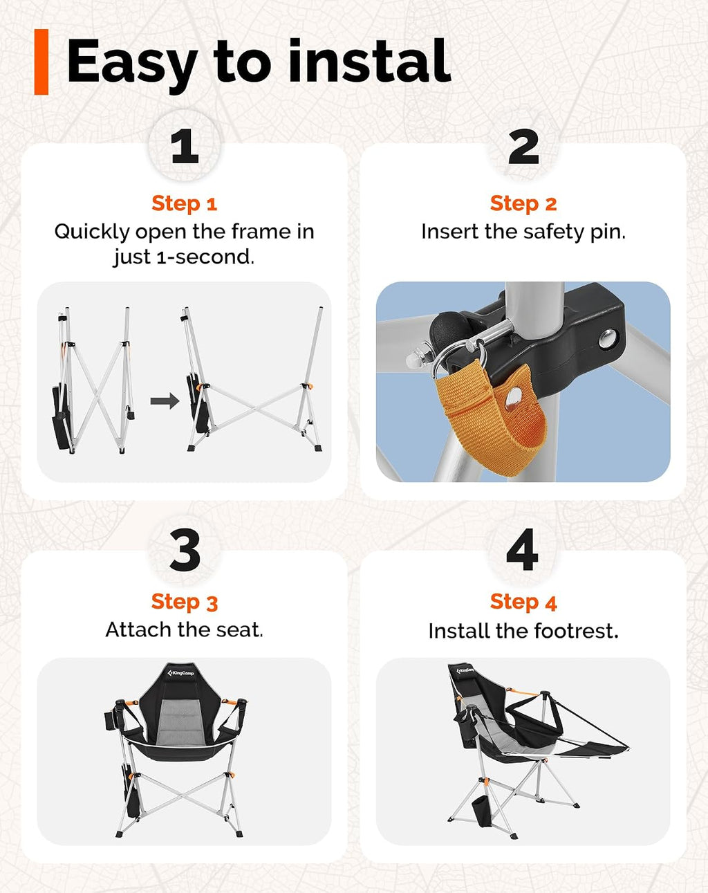 Hammock Camping Chair with Footrest & 90–130° Backrest Black/Grey | Swinging Camping Chairs for Adults 180 kg Capacity Stable 6-Point Frame Cup Holder & Pillow for Beach, Garden & Patio