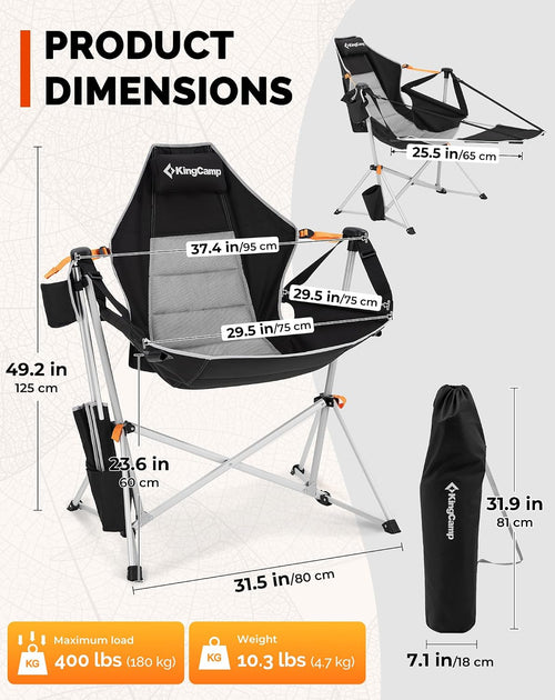 Hammock Camping Chair with Footrest & 90–130° Backrest Black/Grey | Swinging Camping Chairs for Adults 180 kg Capacity Stable 6-Point Frame Cup Holder & Pillow for Beach, Garden & Patio