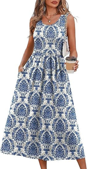 WIHOLL FASHION SwimWeek Summer Dressesfor Women Flowy Casual Midi Dress BeachVacation Sundresses with Pockets BohemianWomenswear Sleeveless