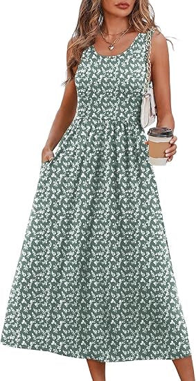 WIHOLL FASHION SwimWeek Summer Dressesfor Women Flowy Casual Midi Dress BeachVacation Sundresses with Pockets BohemianWomenswear Sleeveless