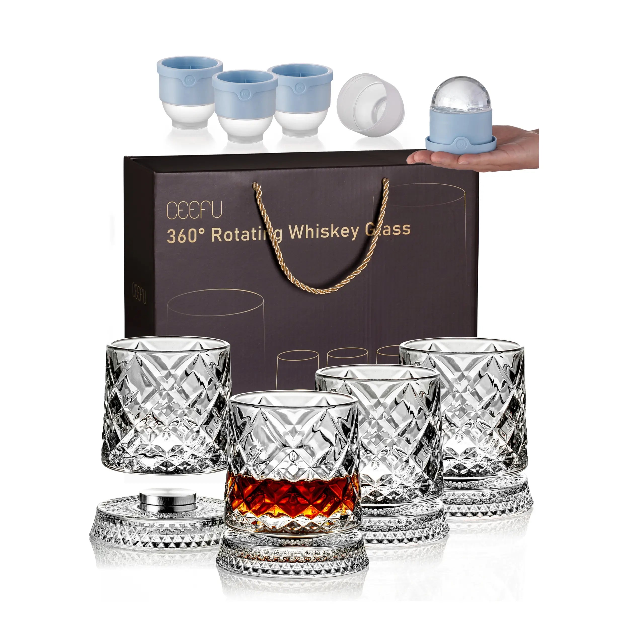 🥃4-Pack Rotating Crystal Whiskey Glasses with4 Ice Ball Molds & Gift Box,🍦Stress Relief,Spinning Drinking Glass Tumbler Set for ColdBeverages, Whiskey lovers, Parties and HomeBar, Perfect for Halloween, Thanksgiving,Christmas, Birthdays Occasion