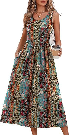 WIHOLL FASHION SwimWeek Summer Dressesfor Women Flowy Casual Midi Dress BeachVacation Sundresses with Pockets BohemianWomenswear Sleeveless