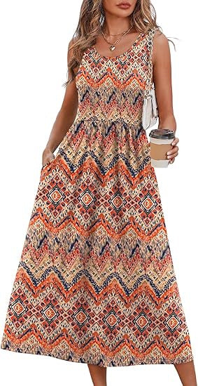 WIHOLL FASHION SwimWeek Summer Dressesfor Women Flowy Casual Midi Dress BeachVacation Sundresses with Pockets BohemianWomenswear Sleeveless