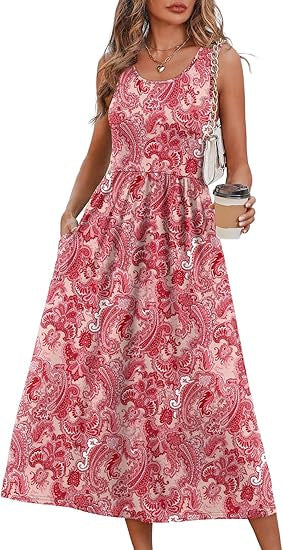 WIHOLL FASHION SwimWeek Summer Dressesfor Women Flowy Casual Midi Dress BeachVacation Sundresses with Pockets BohemianWomenswear Sleeveless
