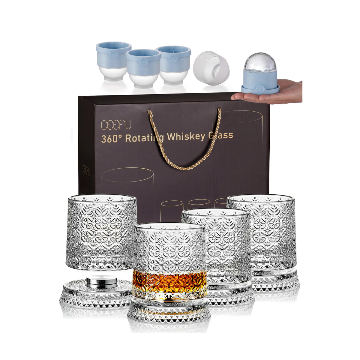 🥃4-Pack Rotating Crystal Whiskey Glasses with4 Ice Ball Molds & Gift Box,🍦Stress Relief,Spinning Drinking Glass Tumbler Set for ColdBeverages, Whiskey lovers, Parties and HomeBar, Perfect for Halloween, Thanksgiving,Christmas, Birthdays Occasion