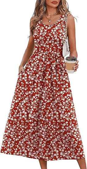 WIHOLL FASHION SwimWeek Summer Dressesfor Women Flowy Casual Midi Dress BeachVacation Sundresses with Pockets BohemianWomenswear Sleeveless