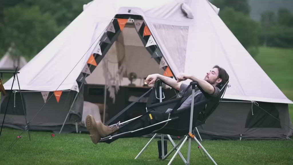 Hammock Camping Chair with Footrest & 90–130° Backrest Black/Grey | Swinging Camping Chairs for Adults 180 kg Capacity Stable 6-Point Frame Cup Holder & Pillow for Beach, Garden & Patio
